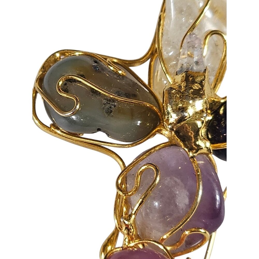 Multi Stone Cross Pendant Gold Tone Wire Wrapped Amethyst Quartz Agate Boho 3in - Picture 4 of 7
